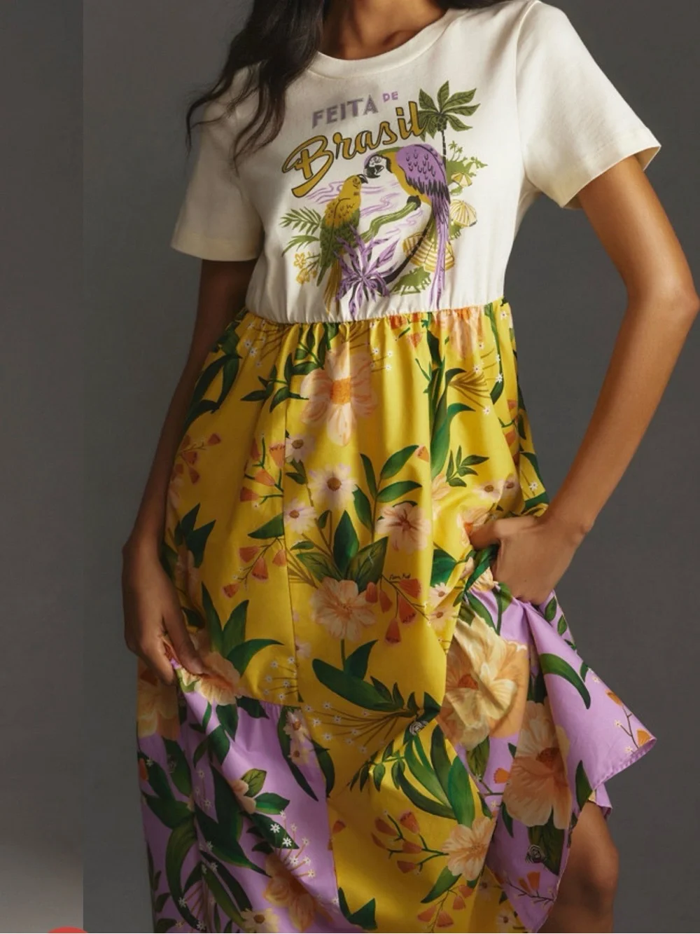 Farm Rio Tiered Tee Dress Anthropologie Mixed Poplin T-Shirt Cotton Brazil M - Picture 2 of 7